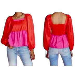 Crosby Top Colorblock Longsleeve Puff Womens XS 2 Valentine Pink Orange NEW $182